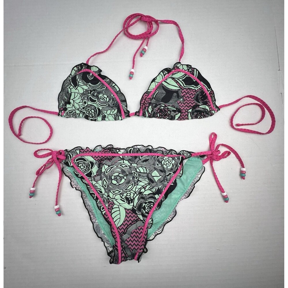 VTG M MISSONI Bikini Women 44 US 8 M Ruffle Mint Green Triangle String Italy